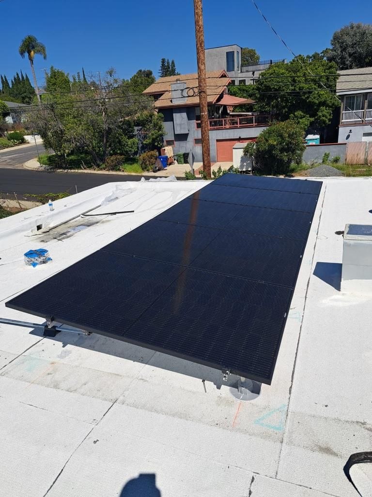 All-black monocrystalline solar array on white TPO flat-roof membrane with residential neighborhood backdrop — PBG install.